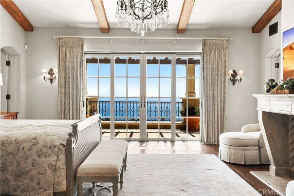 Bedroom, Chandelier, Fireplace, Interior, Water, Wooden Beams, Wood Texture Flooring