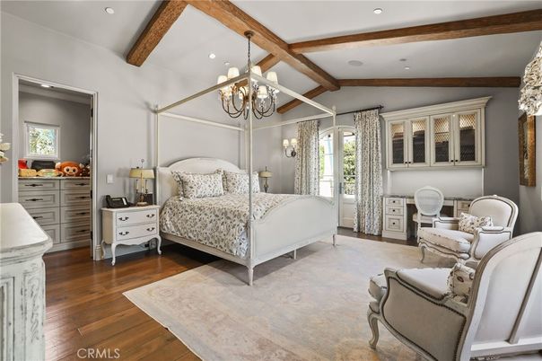 Bedroom, Chandelier, Interior, Recessed Lighting, Wooden Beams, Wood Texture Flooring