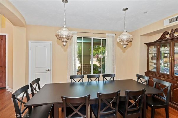 Dining room, Interior, Pendant Lights, Wood Texture Flooring