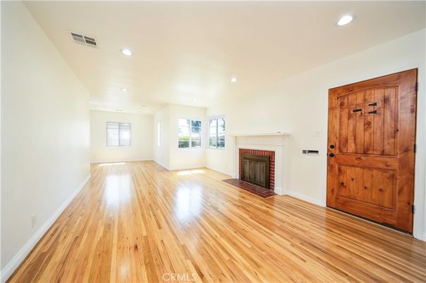 Empty room, Fireplace, Interior, Recessed Lighting, Wood Texture Flooring