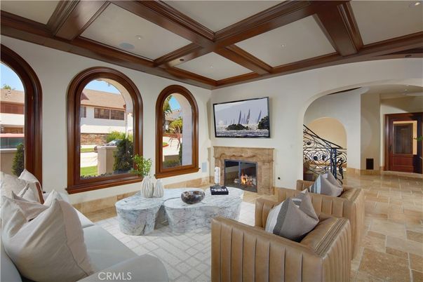 Fireplace, Interior, Living room, Recessed Lighting, Wooden Beams