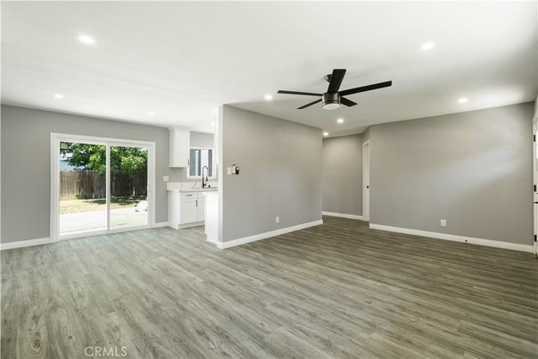Empty room, Interior, Kitchen, Recessed Lighting, Wood Texture Flooring