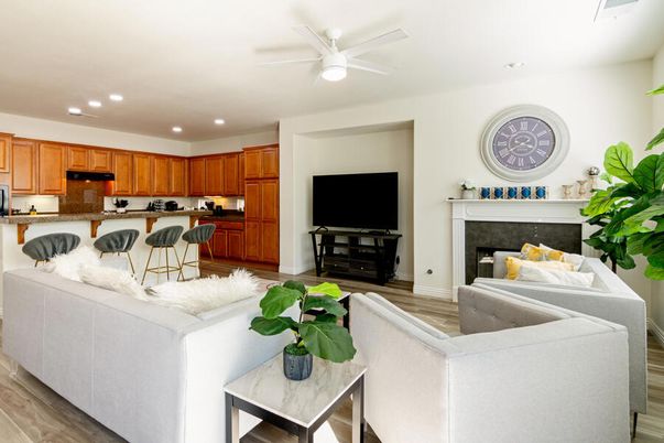 Fireplace, Interior, Kitchen, Living room, Recessed Lighting, Wood Texture Flooring