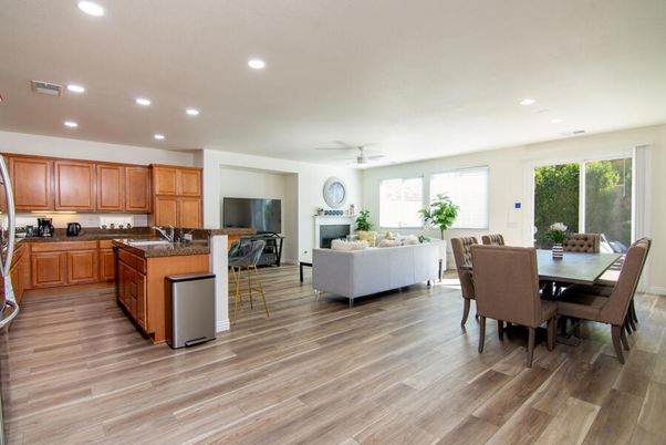 Dining room, Fireplace, Interior, Kitchen, Living room, Recessed Lighting, Wood Texture Flooring