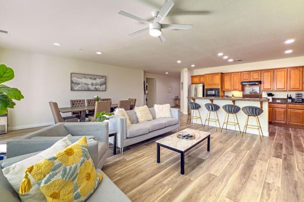 Dining room, Interior, Kitchen, Living room, Recessed Lighting, Wood Texture Flooring