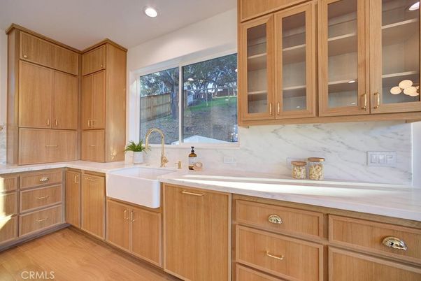 Interior, Kitchen, Marble Walls, Recessed Lighting, Wood Texture Flooring
