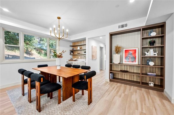 Dining room, Interior, Pendant Lights, Recessed Lighting, Wood Texture Flooring