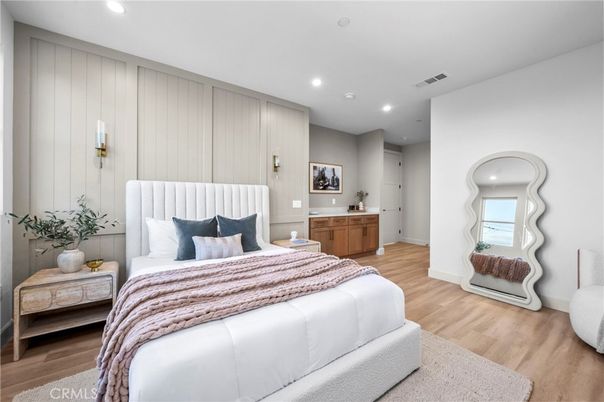 Bedroom, Interior, Recessed Lighting, Wood Texture Flooring