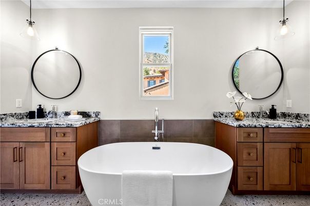 Bathroom, Dual Sink Vanities, Free Standing Baths, Interior, Pendant Lights