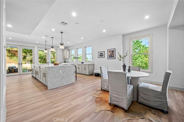 Dining room, Interior, Kitchen, Pendant Lights, Recessed Lighting, Wood Texture Flooring
