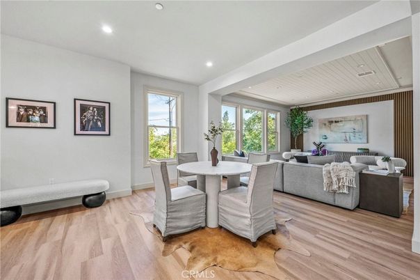 Dining room, Interior, Living room, Recessed Lighting, Wood Texture Flooring
