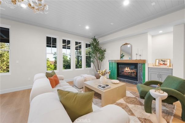 Fireplace, Interior, Living room, Recessed Lighting, Wood Texture Flooring