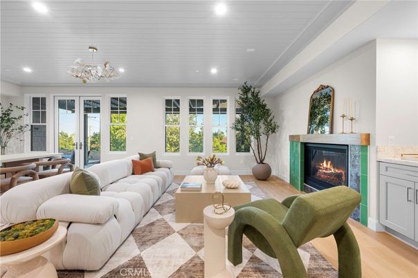 Chandelier, Fireplace, Interior, Living room, Recessed Lighting, Wood Texture Flooring