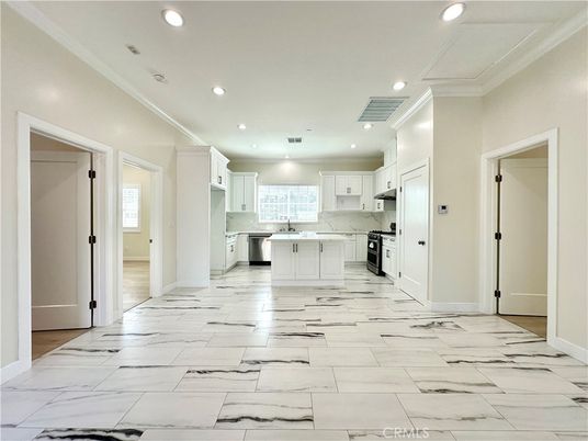 Interior, Kitchen, Marble, Recessed Lighting, Stainless Steel Appliances