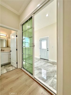 Bathroom, Glass Shower, Interior, Recessed Lighting, Wood Texture Flooring