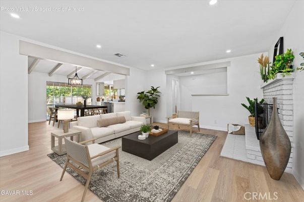 Dining room, Fireplace, Interior, Kitchen, Living room, Pendant Lights, Recessed Lighting, Wood Texture Flooring