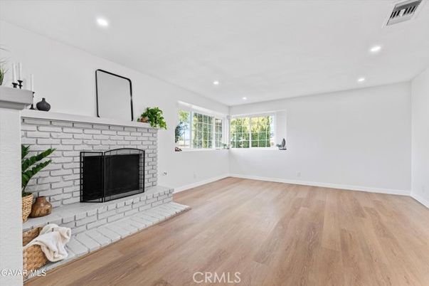 Empty room, Fireplace, Interior, Recessed Lighting, Wood Texture Flooring