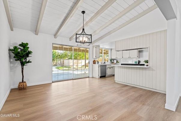 Empty room, Interior, Kitchen, Pendant Lights, Wooden Beams, Wood Texture Flooring