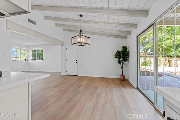 Empty room, Interior, Pendant Lights, Wooden Beams, Wood Texture Flooring