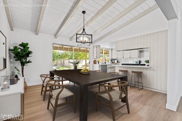 Dining room, Interior, Kitchen, Pendant Lights, Wood Texture Flooring