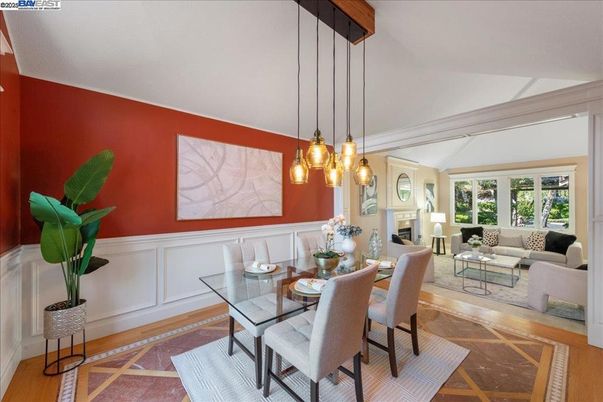 Dining room, Interior, Living room, Pendant Lights, Wood Texture Flooring