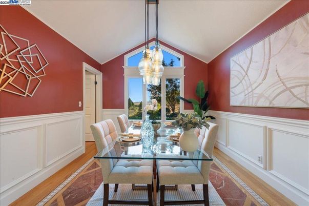 Dining room, Interior, Pendant Lights, Wood Texture Flooring