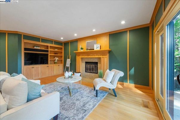 Fireplace, Interior, Living room, Recessed Lighting, Wood Texture Flooring, Wooden Walls