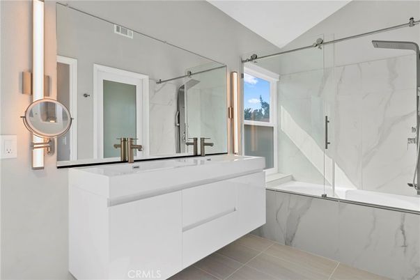 Bathroom, Dual Sink Vanities, Glass Shower, Interior, Marble Walls