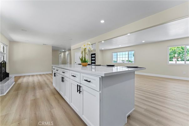 Fireplace, Interior, Kitchen, Recessed Lighting, Wood Texture Flooring