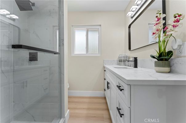 Bathroom, Glass Shower, Interior, Marble Walls, Wood Texture Flooring