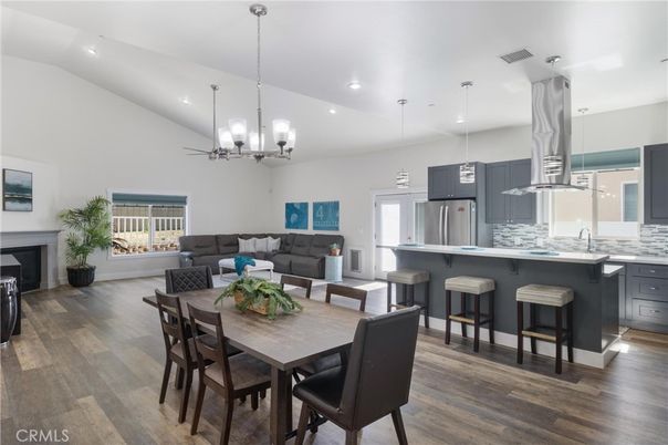 Dining room, Fireplace, Interior, Kitchen, Living room, Pendant Lights, Recessed Lighting, Wood Texture Flooring