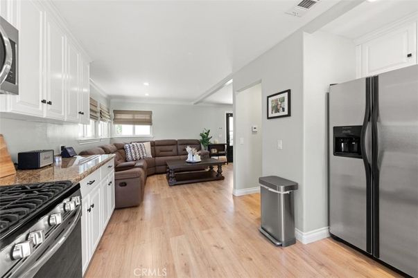 Interior, Kitchen, Living room, Recessed Lighting, Stainless Steel Appliances, Wood Texture Flooring