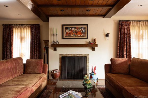 Fireplace, Interior, Living room, Recessed Lighting, Wooden Beams, Wooden Ceilings