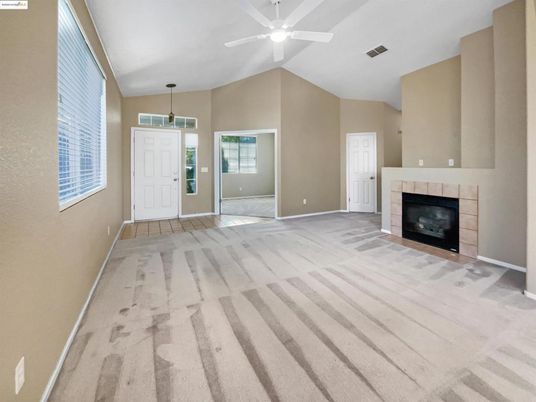Empty room, Fireplace, Interior, Pendant Lights, Wood Texture Flooring
