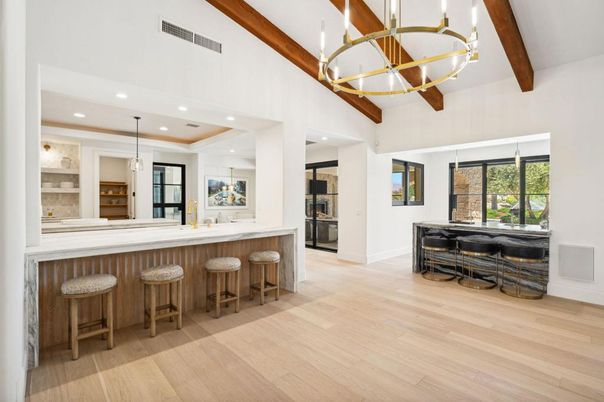 Interior, Pendant Lights, Recessed Lighting, Wooden Beams, Wood Texture Flooring