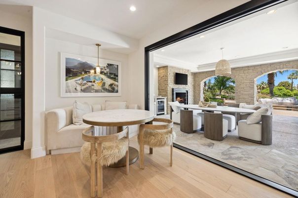 Dining room, Fireplace, Interior, Living room, Pendant Lights, Recessed Lighting, Stone Walls, Wood Texture Flooring