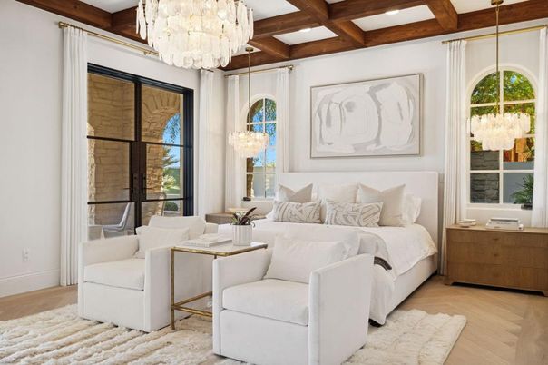 Bedroom, Chandelier, Interior, Living room, Recessed Lighting, Wooden Beams, Wood Texture Flooring