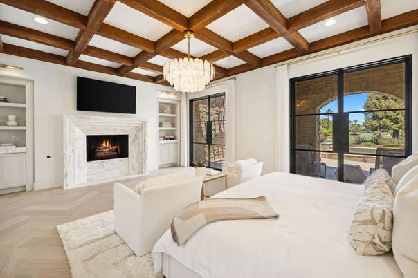 Bedroom, Chandelier, Fireplace, Interior, Recessed Lighting, Wooden Beams, Wood Texture Flooring