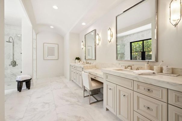 Bathroom, Dual Sink Vanities, Glass Shower, Interior, Marble, Marble Walls, Recessed Lighting