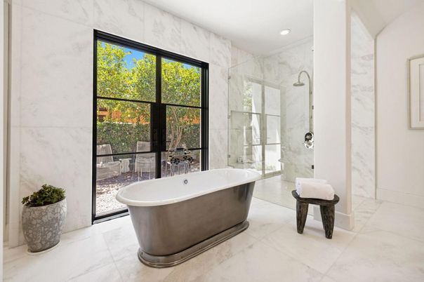 Bathroom, Free Standing Baths, Glass Shower, Interior, Marble, Marble Walls, Recessed Lighting