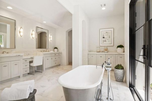 Bathroom, Dual Sink Vanities, Free Standing Baths, Interior, Marble, Recessed Lighting