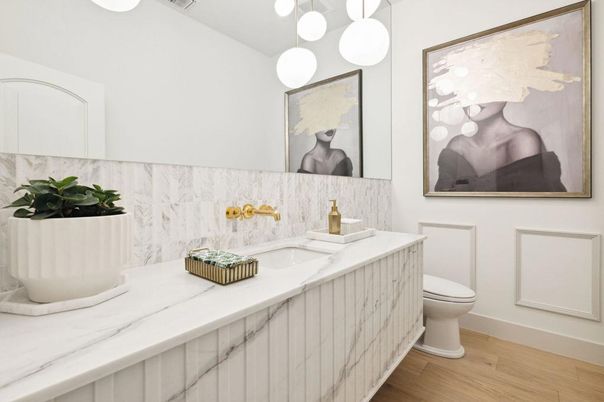 Bathroom, Interior, Pendant Lights, Wood Texture Flooring