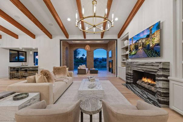 Chandelier, Dining room, Fireplace, Interior, Living room, Recessed Lighting, Wooden Beams, Wood Texture Flooring