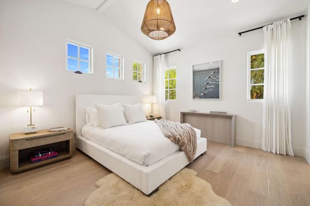 Bedroom, Interior, Pendant Lights, Recessed Lighting, Wood Texture Flooring