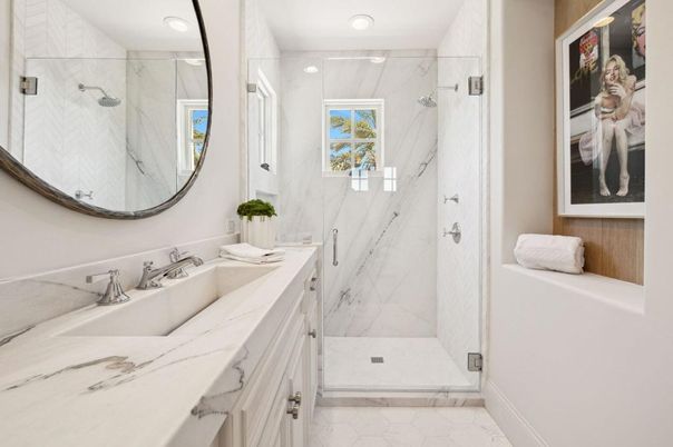 Bathroom, Glass Shower, Interior, Marble, Marble Walls, Recessed Lighting