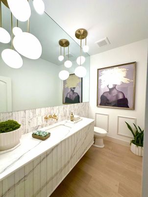 Bathroom, Interior, Pendant Lights, Wood Texture Flooring