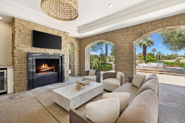 Fireplace, Interior, Living room, Recessed Lighting, Stone Walls
