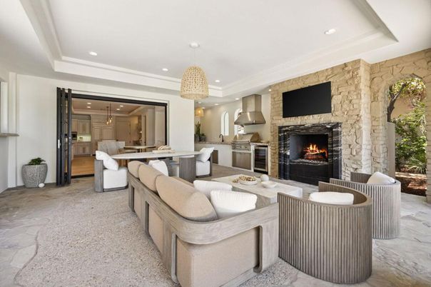 Dining room, Fireplace, Interior, Kitchen, Living room, Pendant Lights, Recessed Lighting, Stainless Steel Appliances, Stone Walls