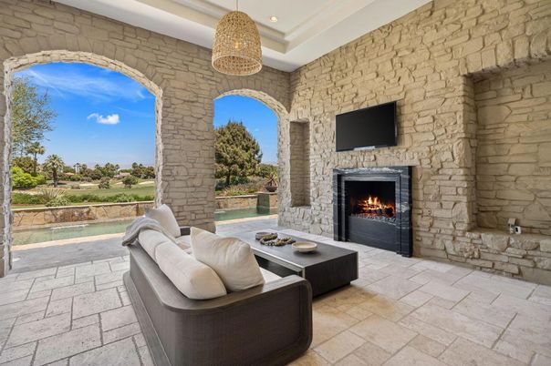 Fireplace, Interior, Living room, Pendant Lights, Recessed Lighting, Stone Walls