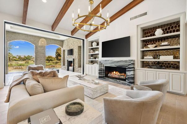 Fireplace, Interior, Living room, Pendant Lights, Recessed Lighting, Stone Walls, Wooden Beams, Wood Texture Flooring